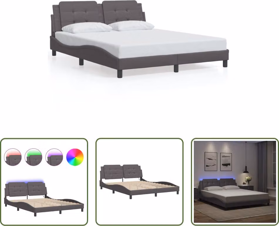 The Living Store Struttura letto con LED Grigio 160x200 cm in ecopelle