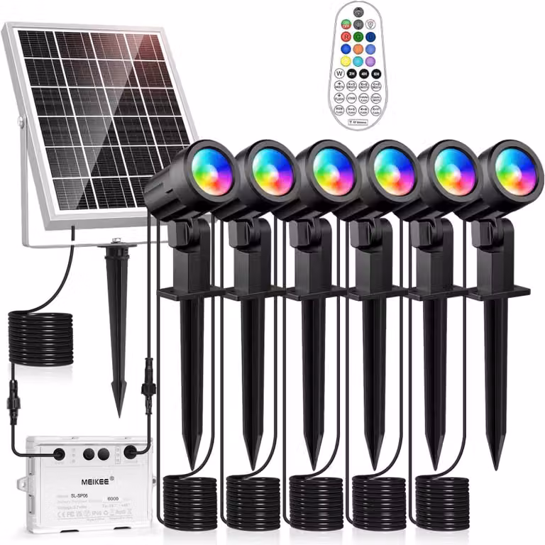 Set di 6 faretti solari RGB, 6W, 6000 lumen, grado di protezione IP66, con telecomando