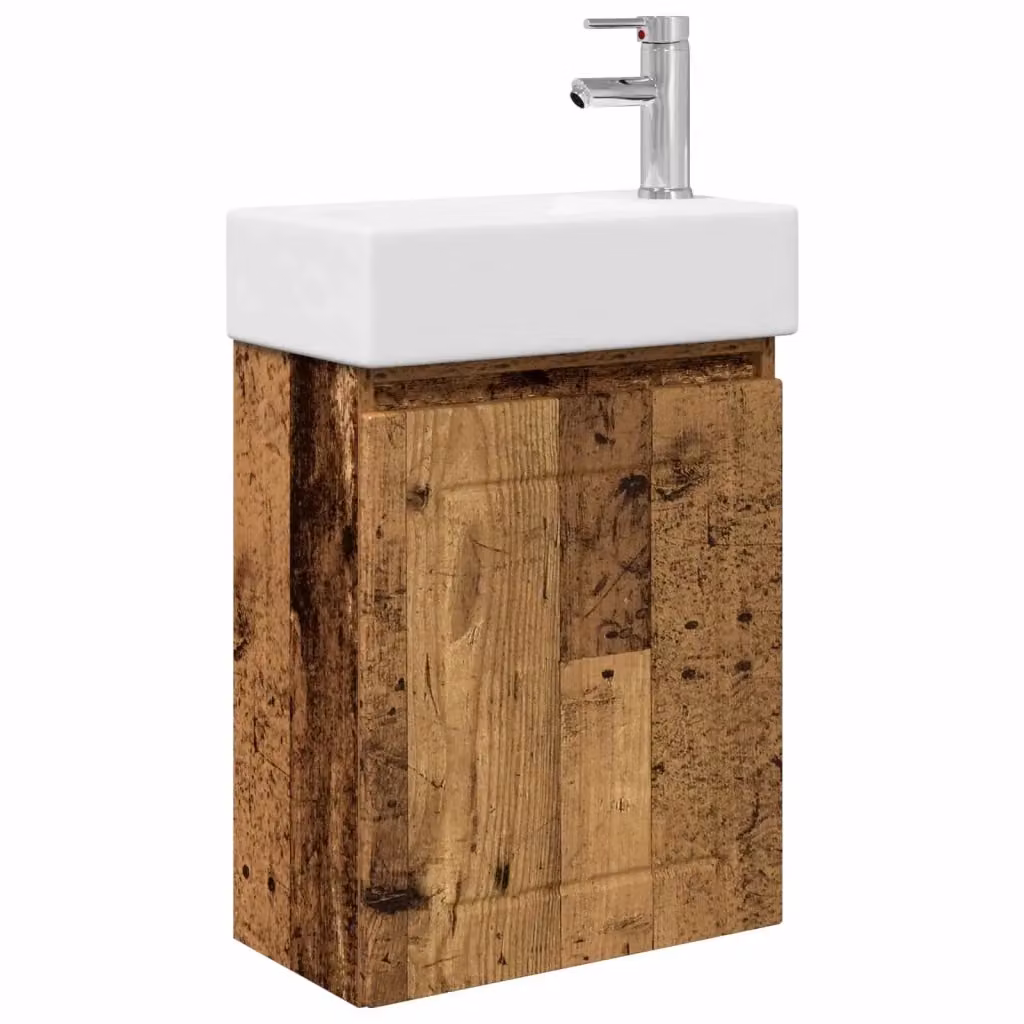 Mobile bagno sospeso vidaXL in legno e ceramica con rubinetto, colore bianco e marrone, L: 45,5 cm, P: 25,5 cm, H: 84 cm – 2