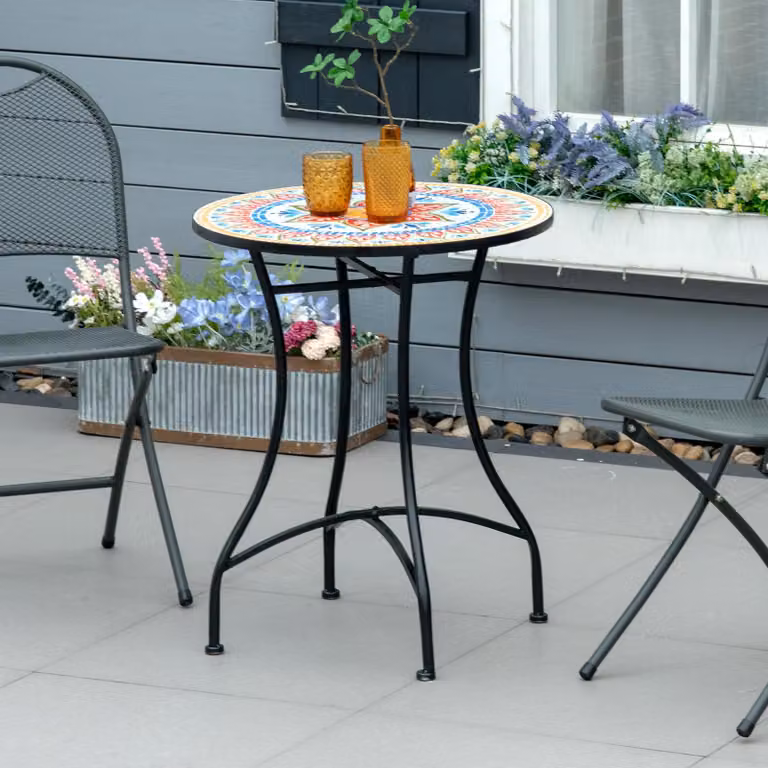 okwish tavolo da giardino a mosaico tavolo bistrot tavolino rotondo con disegno di piastrelle in Vetroceramica multicolore, tavolo a mosaico con struttura in metallo, rosso+blu+bianco