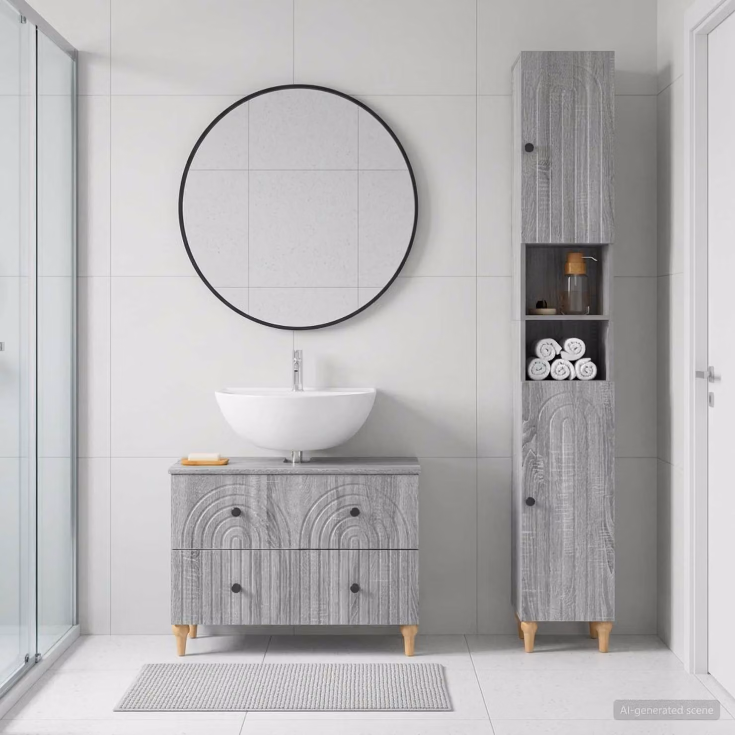 Set di mobili da bagno vidaXL ALKMAAR composto da 2 pezzi in stile moderno, colore grigio, con mobileto alto e mobile sottolavabo in MDF