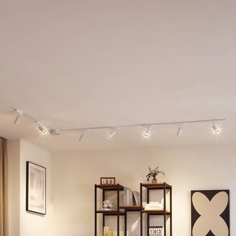 Sistema a binario 48 V Lumaro, faretti, 7 luci, bianco, Ø 4 cm, dimmerabile Lumaro 48V Lindby,, Bianco / Opale, Soggiorno / Sala da pranzo, Alluminio, Moderno