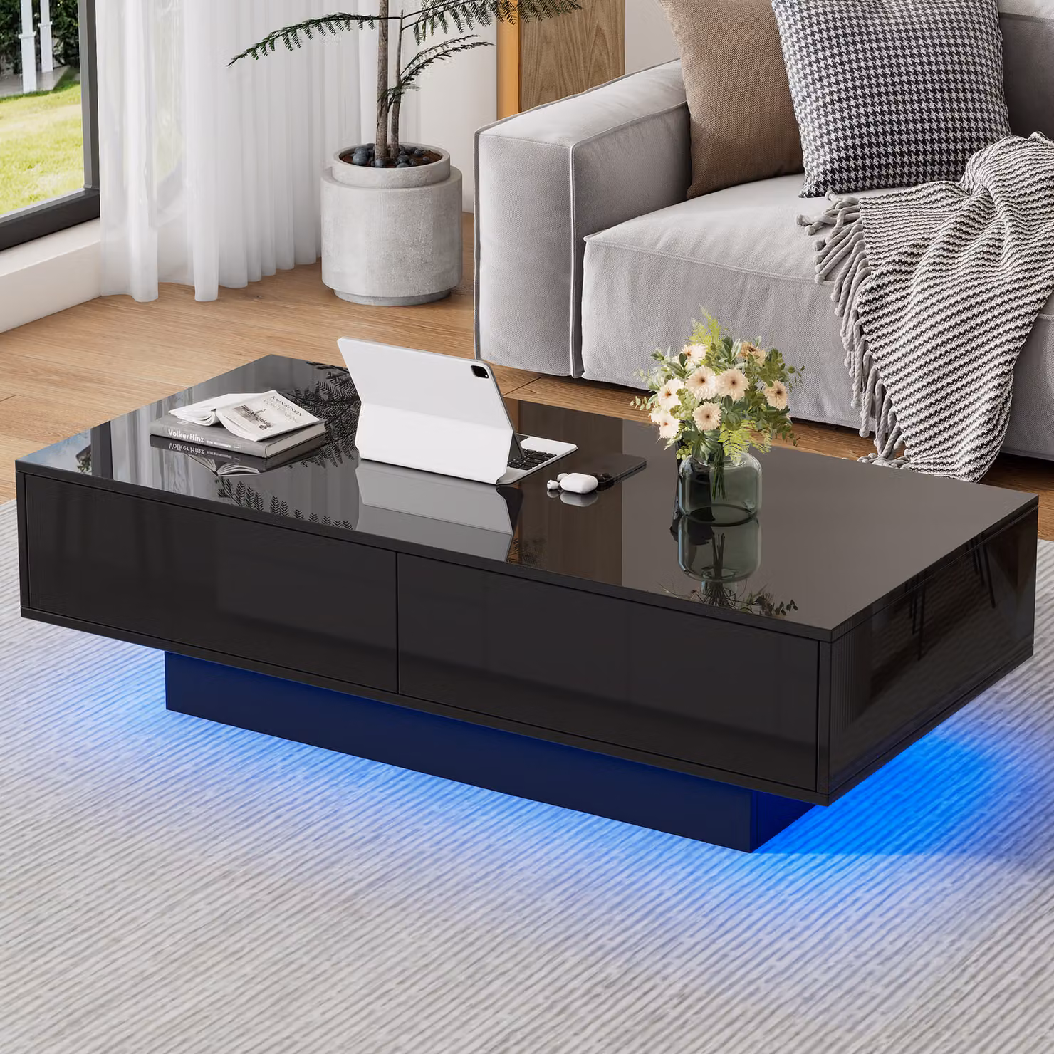 Tavolino STILVORA con 2 cassetti, tavolino da salotto lucido con illuminazione a LED, tavolino da divano in stile sobrio in truciolato, nero