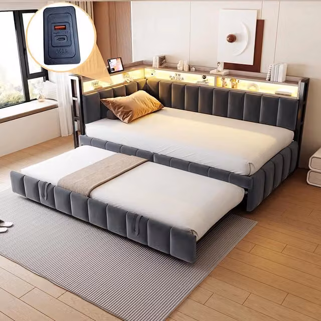 Divano letto 90x200cm?- Xylo - gigogne LED USB velluto grigio scuro