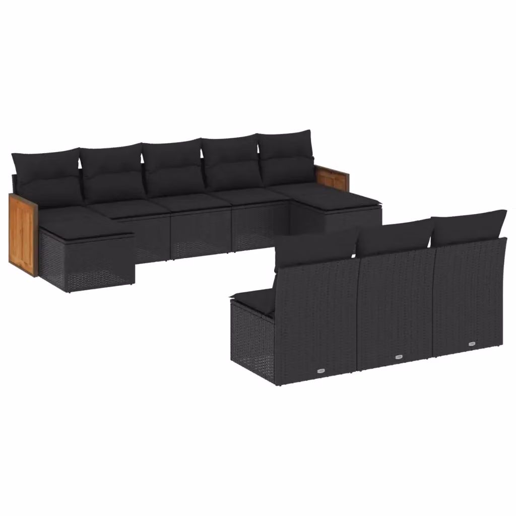 Set di divani da giardino vidaXL a forma di L composto da 10 pezzi con cuscini in polyrattan e struttura in acciaio nero e legno di acacia – 2