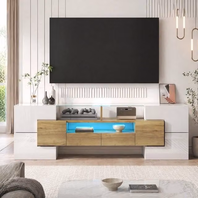 Mobile TV moderno in legno e vetro con illuminazione LED integrata, bianco e oro, L: 145 cm, P: 36 cm, H: 51 cm
