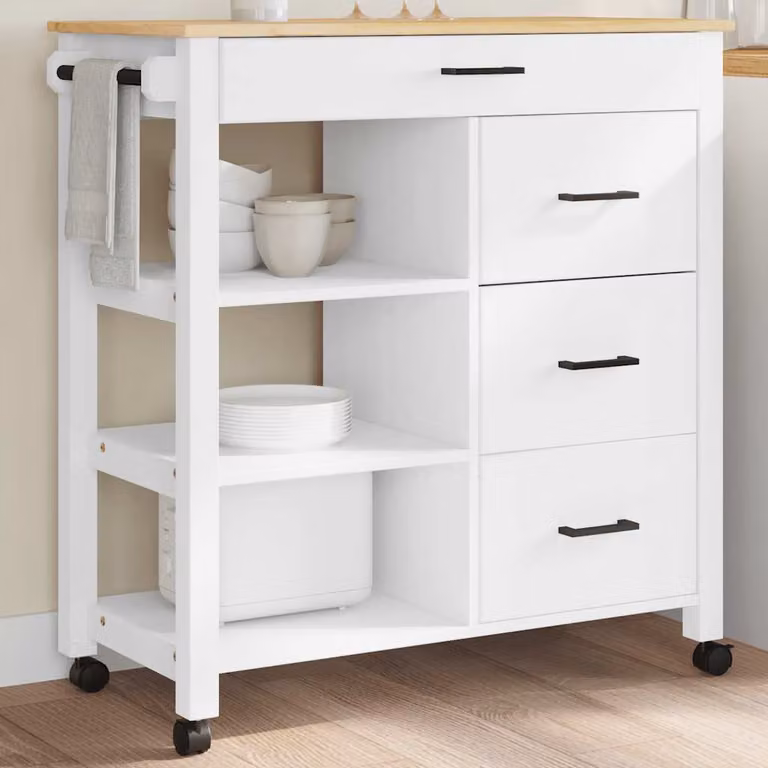 vidaXL Carrello da Cucina MONZA in Legno di Pino Bianco con Ruote L 84 cm x P 40 cm x H 88,5 cm