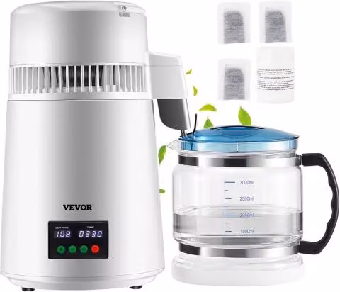 Distillatore d'Acqua Vevor Bianco con Contenitore in Plastica e Acciaio Inox, Capacità 4 L, Capacità di Distillazione 1 L/H