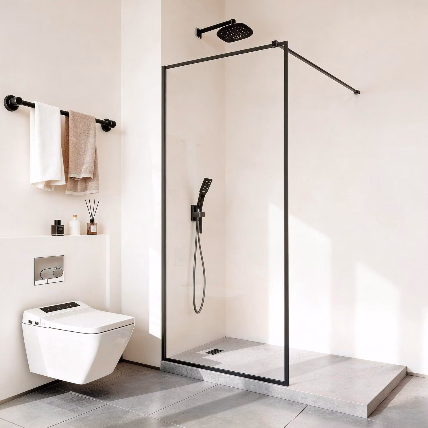 Pannello doccia in vetro - Pannello doccia walk-in - Fisso - 864 x 1870 mm (L x A) - Vetro di sicurezza ESG trasparente da 8 mm - Senza telaio - Con guarnizione a pavimento e ferramenta - Nero opaco