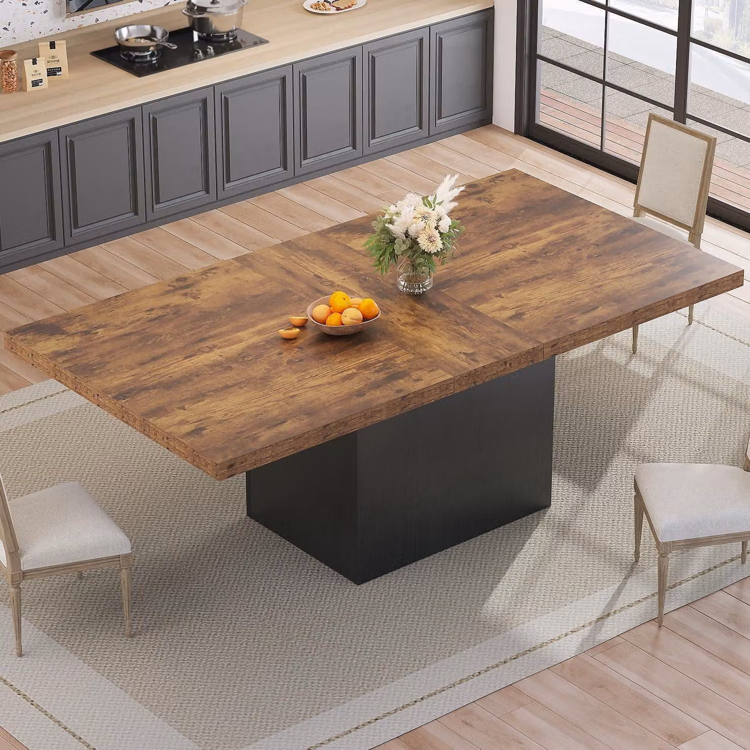 Tavolo da pranzo rettangolare per 6-8 persone, dimensioni 180x80 cm, design industriale, stile rustico, colore marrone e nero