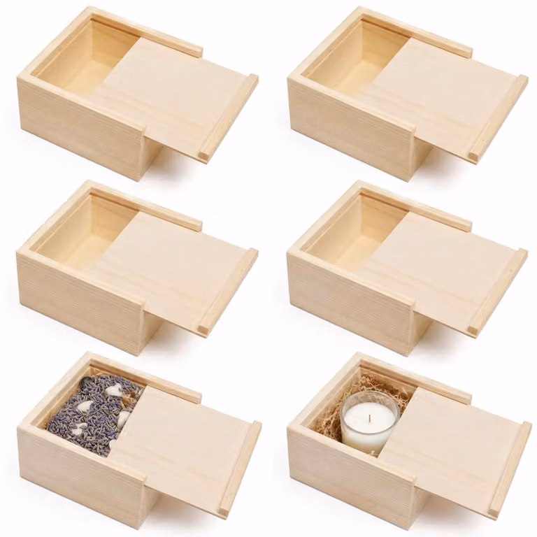 Contenitore in legno con coperchio scorrevole, dimensioni 10x10x5 cm, confezione da 6 pezzi, ideale per l'organizzazione