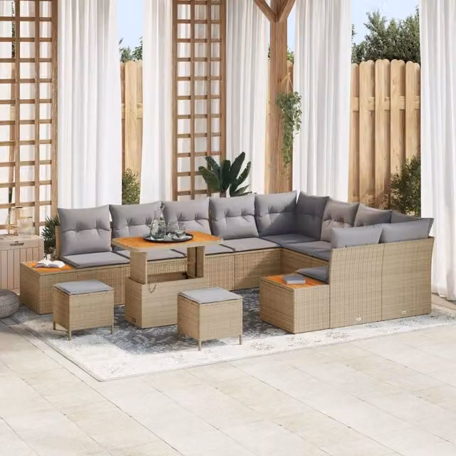 Set Divano da Giardino Moderno vidaXL a Forma a U con Tavolino e Ottoman, Colore Grigio e Beige, Struttura in Acciaio Verniciato a Polvere e Cuscini Resistenti alle Intemperie