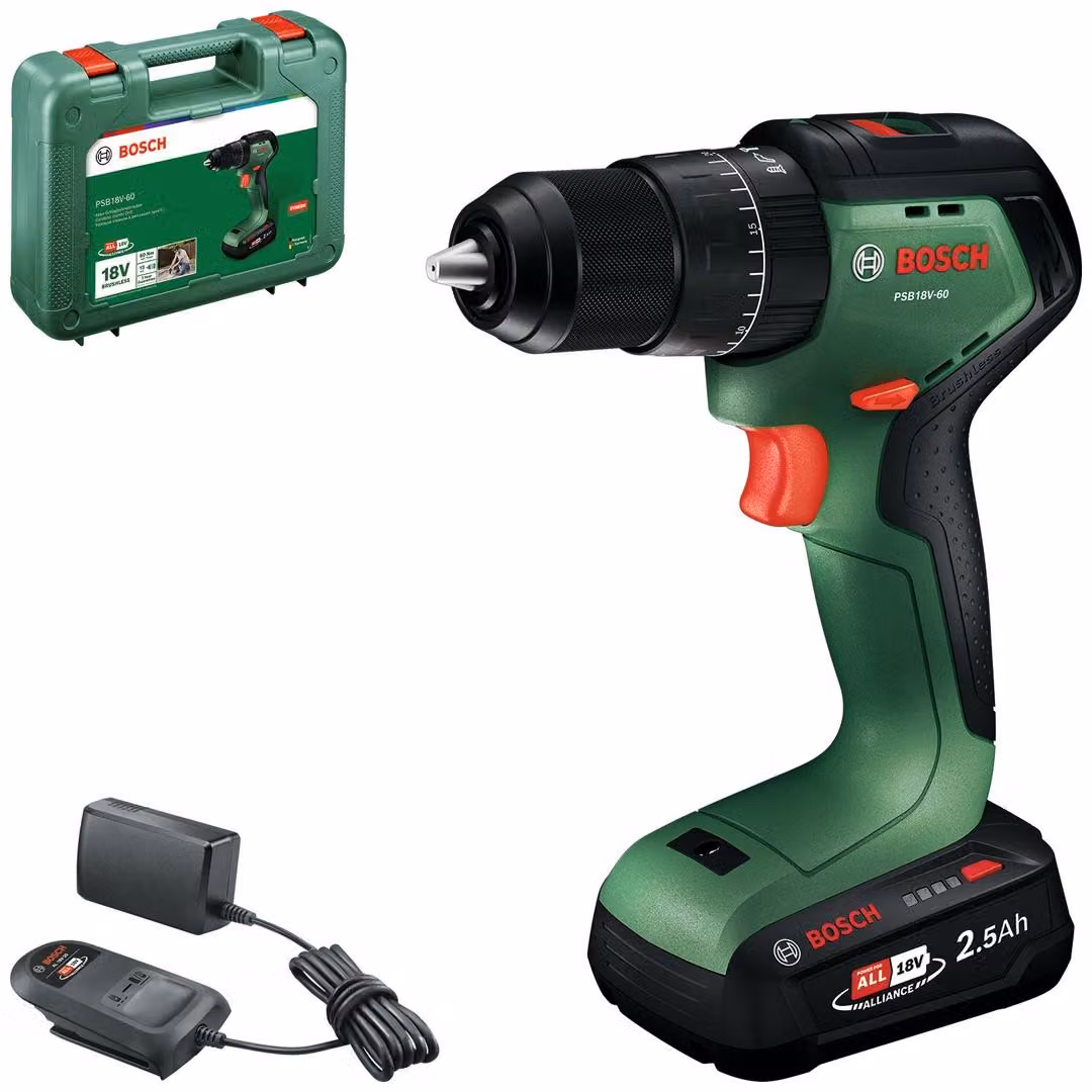 Trapano avvitatore a batteria PSB18V-60, con 1 batteria PBA 18V 2.5Ah, confezionato in una valigetta per artigiani