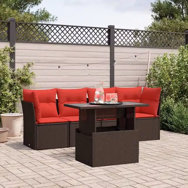Set da giardino moderno vidaXL composto da 5 pezzi con divano a L, elementi angolari, tavolino da caffè e cuscini marroni in rattan e metallo con coperture rimovibili – 1