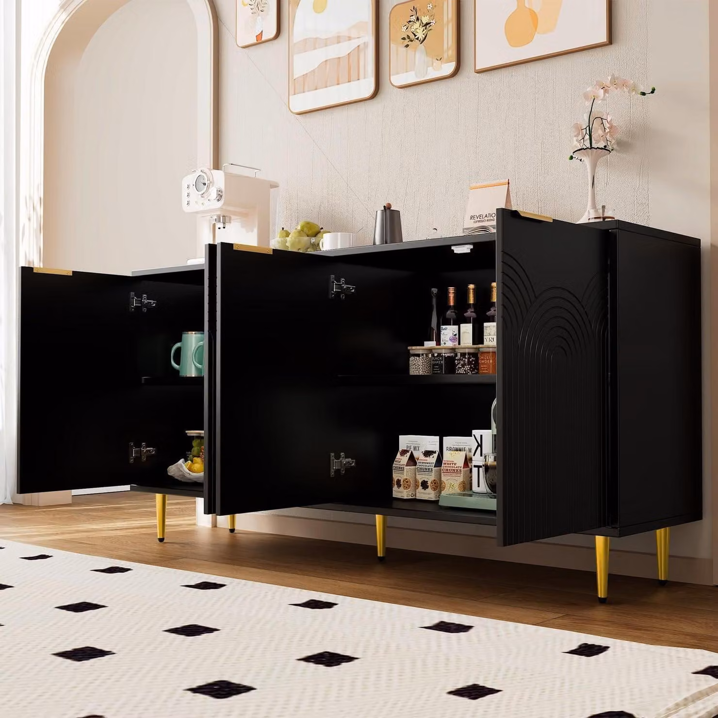 Comodino/Credenza per soggiorno, legno colorato, nero, dimensioni 160x40x80 cm, con 4 ante e maniglie dorate