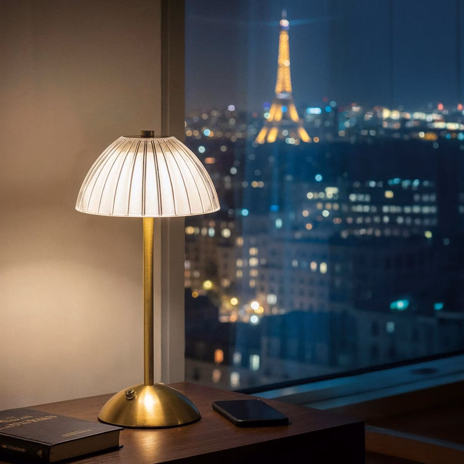 Lampada da tavolo in metallo dorato, 31 cm – Dimmerabile – 3 colori di luce (bianco caldo/bianco neutro/bianco freddo) – Ricaricabile tramite USB-C – Senza fili [12501]
