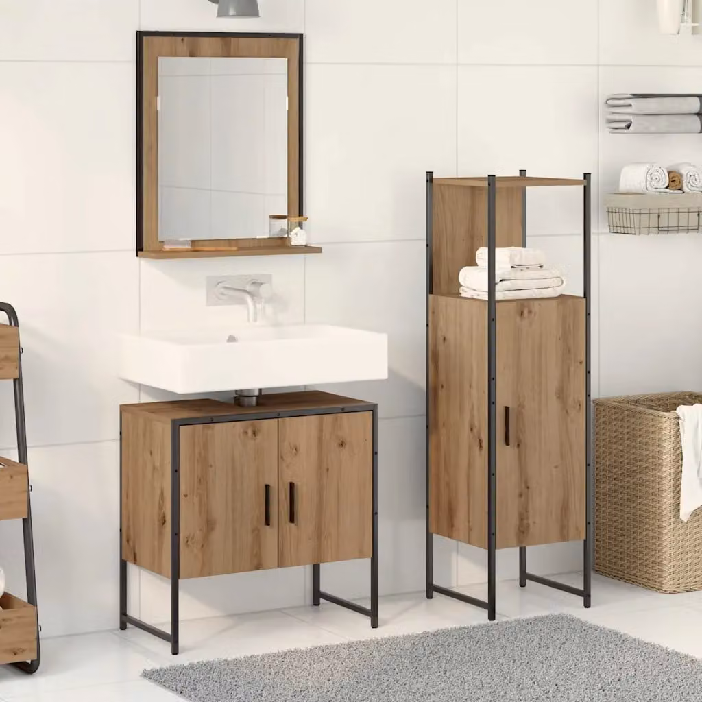Set di mobili da bagno moderno vidaXL in legno marrone e nero composto da 3 pezzi con armadietto specchio e mobile sottolavabo L/P/H: 33,0 x 33,61 x 113,5 cm