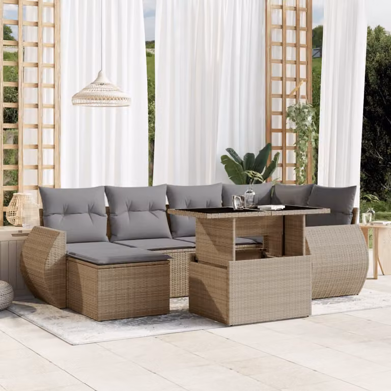 vidaXL Set Divani da Giardino 7 pz a L con Cuscini Beige e Tavolino, Design Moderno in Polyrattan e Acciaio Verniciato a Polvere