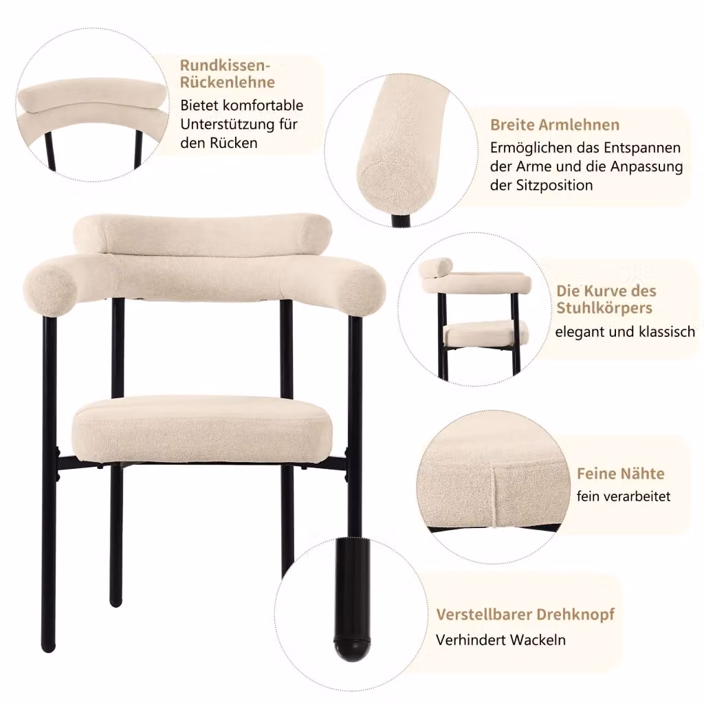 Sedia Imbottita REDOM Beige in Tessuto Effetto Scamosciato e Metallo L/P/H: 70 x 62 x 84 cm – 2