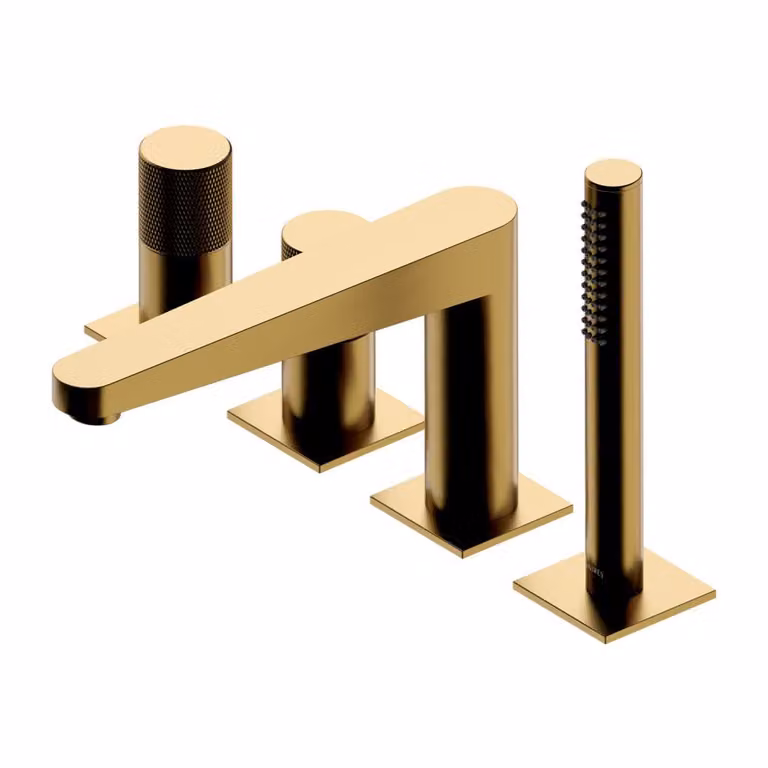 Set rubinetteria vasca da bagno con doccetta rubinetto bordo vasca 4 fori CONTOUR oro spazzolato
