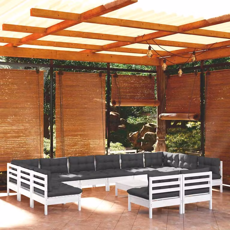 Set di divani da giardino vidaXL 13 pezzi in legno di pino con cuscini bianchi e antracite a forma di L con elementi angolari e pouf