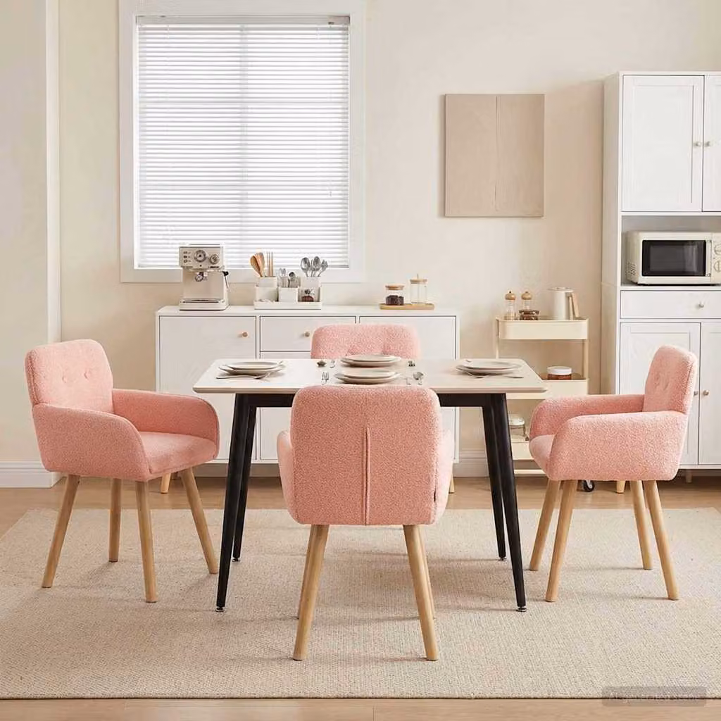 Set di 4 sedie da pranzo vidaXL in tessuto bouclé rosa con struttura in legno e metallo L: 59 cm, P: 56,5 cm, H: 85 cm
