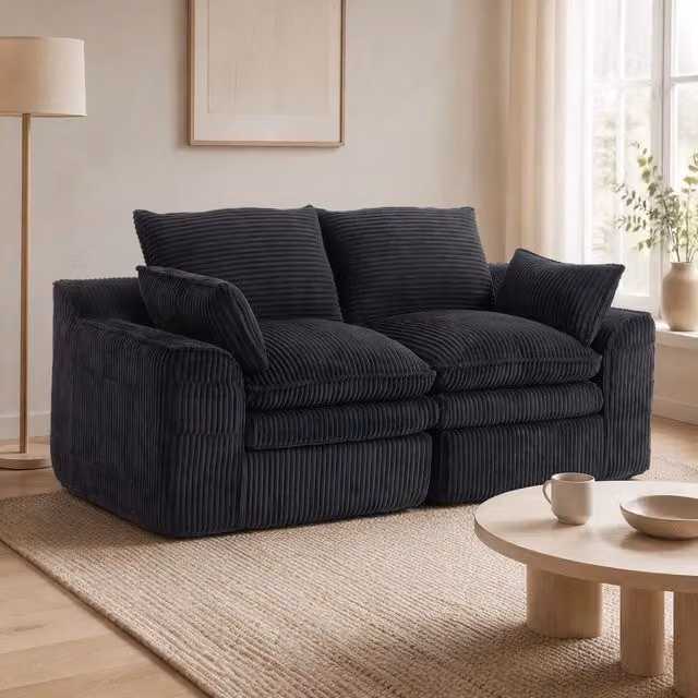 Divano 2 posti ULEVR 191x94x85 cm in velluto a coste nero con cuscini e tasche laterali