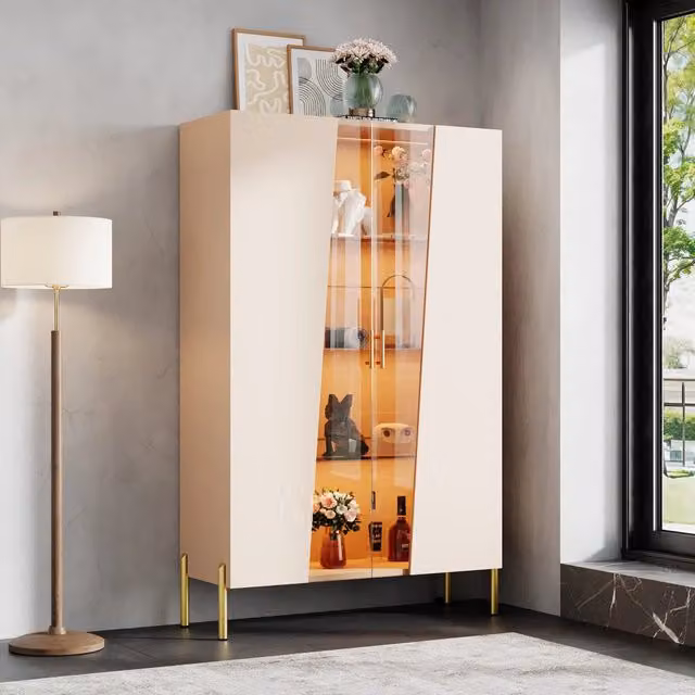 Vetrina con porta in vetro asimmetrica LED multicolore 3 ripiani regolabili corpo beige 72 × 40 × 145 cm