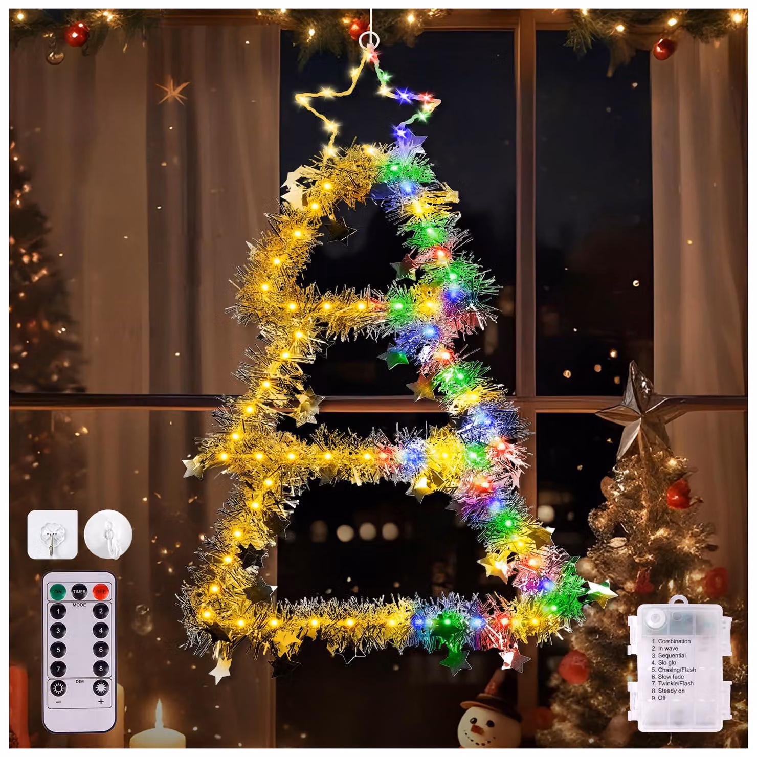 Illuminazione natalizia per finestre, 70 LED, 8 modalità, luce bianca calda e colorata
