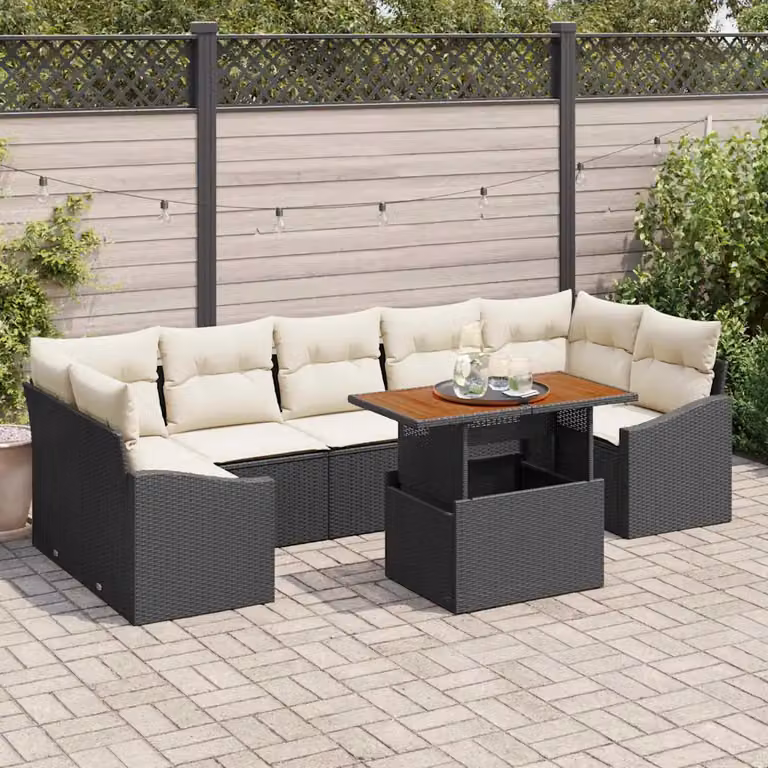 Set da pranzo da giardino vidaXL in rattan e legno con 8 pezzi nero e beige