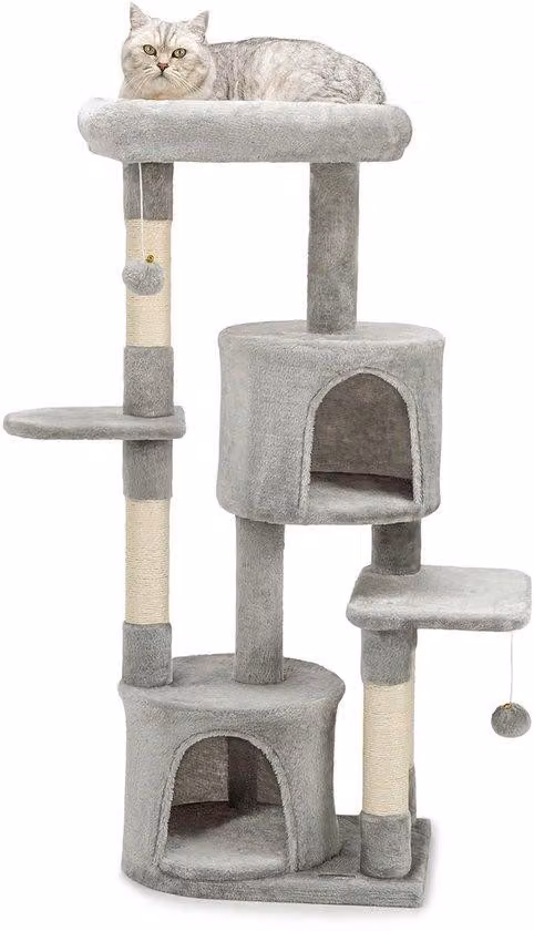 Ibenzoa® Albero per gatti, 115 cm – Rivestimento in peluche, 3 piattaforme, 2 tane, 4 colonne in sisal, 2 palline appese, base stabile 45 x 32 cm, supporto da parete