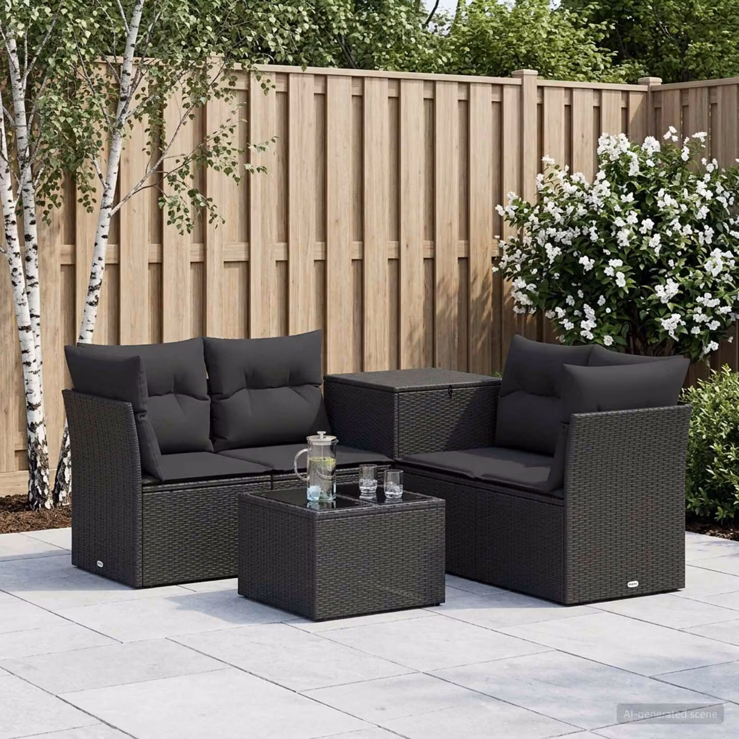 Set da giardino moderno vidaXL composto da 6 pezzi in rattan sintetico e metallo nero con cuscini inclusi