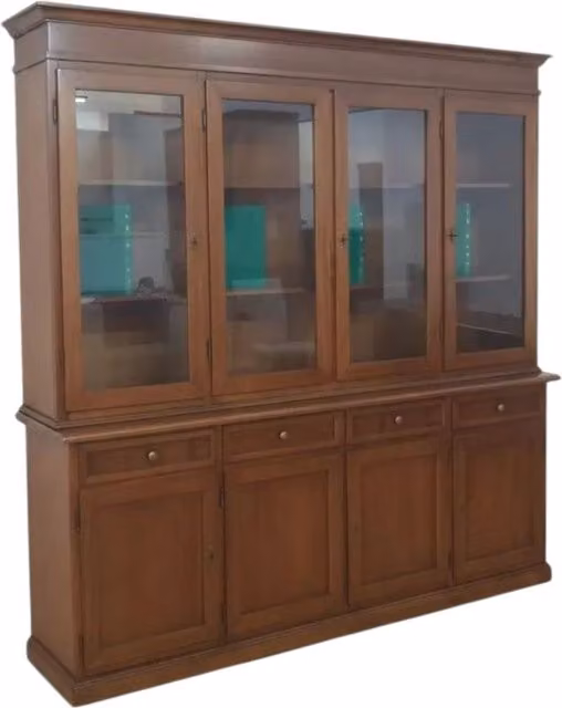 Cristalliera Mobili 2G in legno massello di pino con 4 porte in vetro e 4 cassetti, colore tinta elite, H 205 cm x L 205 cm x P 42 cm