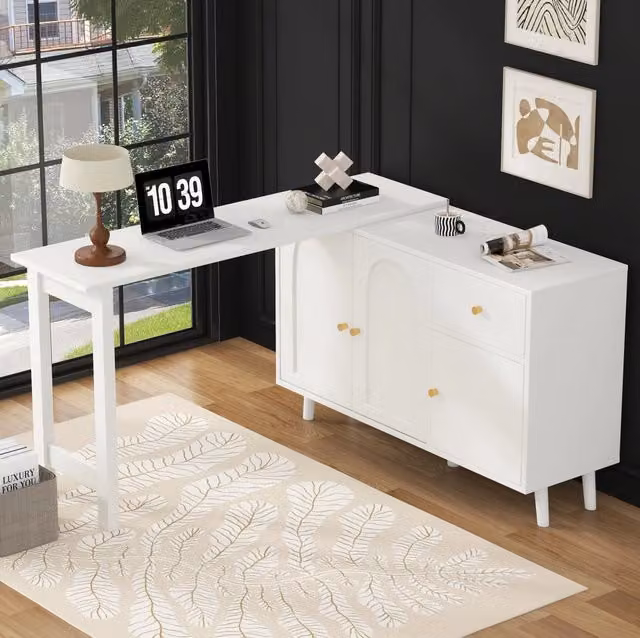 Scrivania 2 in 1 con sideboard girevole 360° bianca