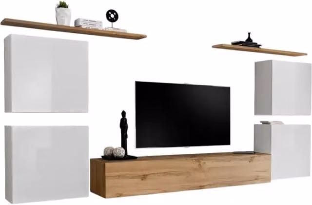 Composizione murale SWITCH IV Meublorama in Rovere Wotan e bianco lucido con mobile TV, blocchi sospesi e scaffali, stile moderno L: 320 cm, P: 40 cm, H: 150 cm – 1
