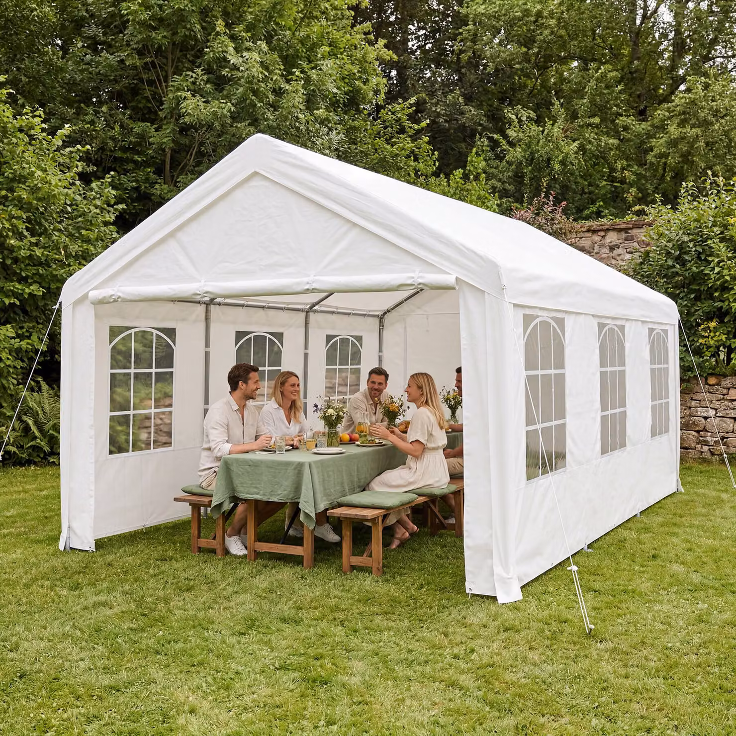 Gazebo da giardino Tectake bianco con pareti laterali e finestre in acciaio galvanizzato e poliestere L: 600 cm, P: 400 cm, H: 310 cm – 1