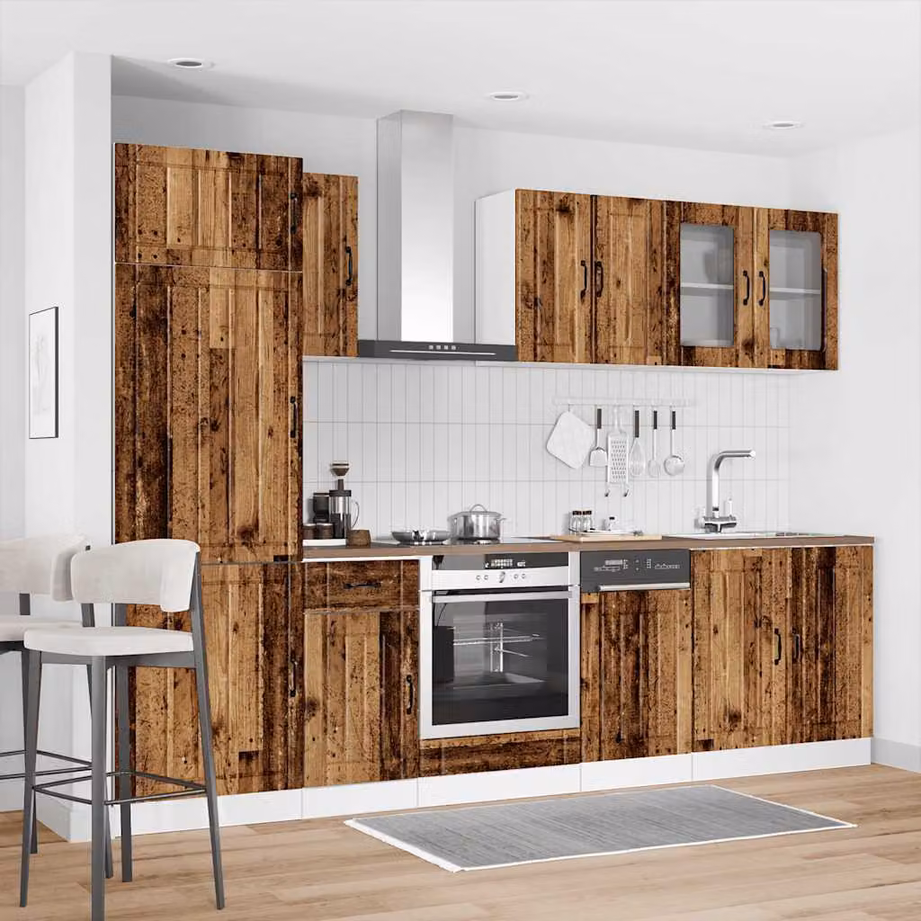 Set di mobili da cucina vidaXL Kalmar composto da 8 pezzi in stile rustico color marrone con ante in vetro e ripiani interni, L/P/H: 207 x 60 x 57 cm