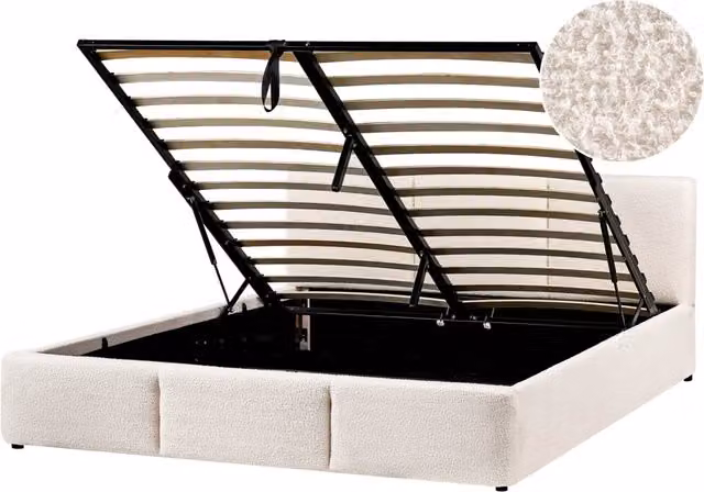 Letto matrimoniale in tessuto bouclè bianco sporco con contenitore 160 x 200 cm Testiera Rivestita Funzione Contenitore