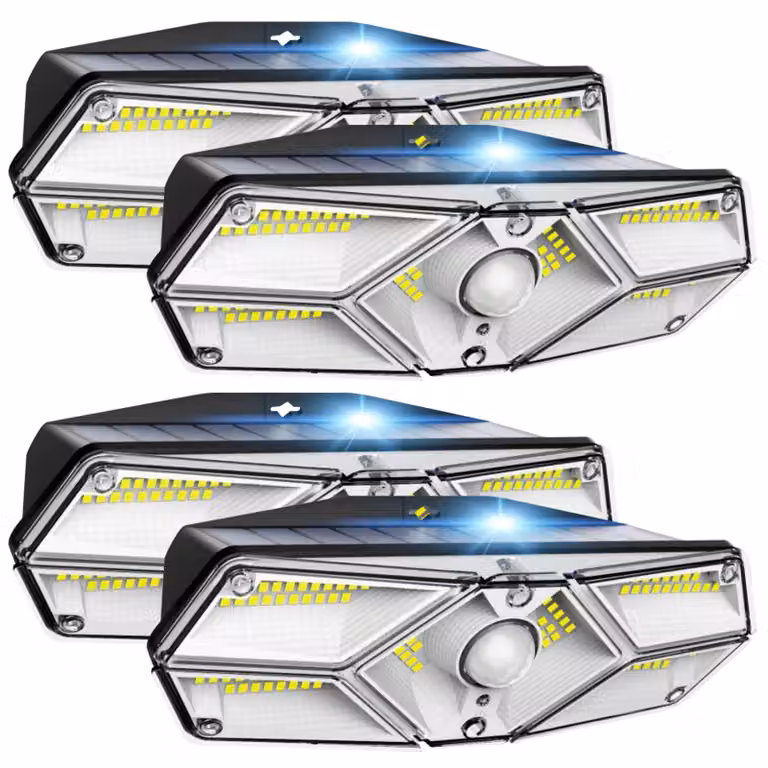 Set di 4 luci solari LED da 104, con sensore di movimento, per esterni, da parete, adatte per giardino, garage, terrazza e veranda