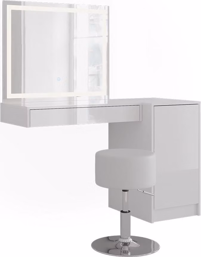 Tavolo da toeletta Vicco Sherry Bianco/Bianco lucido 120.2 cm con specchio LED, sgabello e modulo con anta, Model 57729