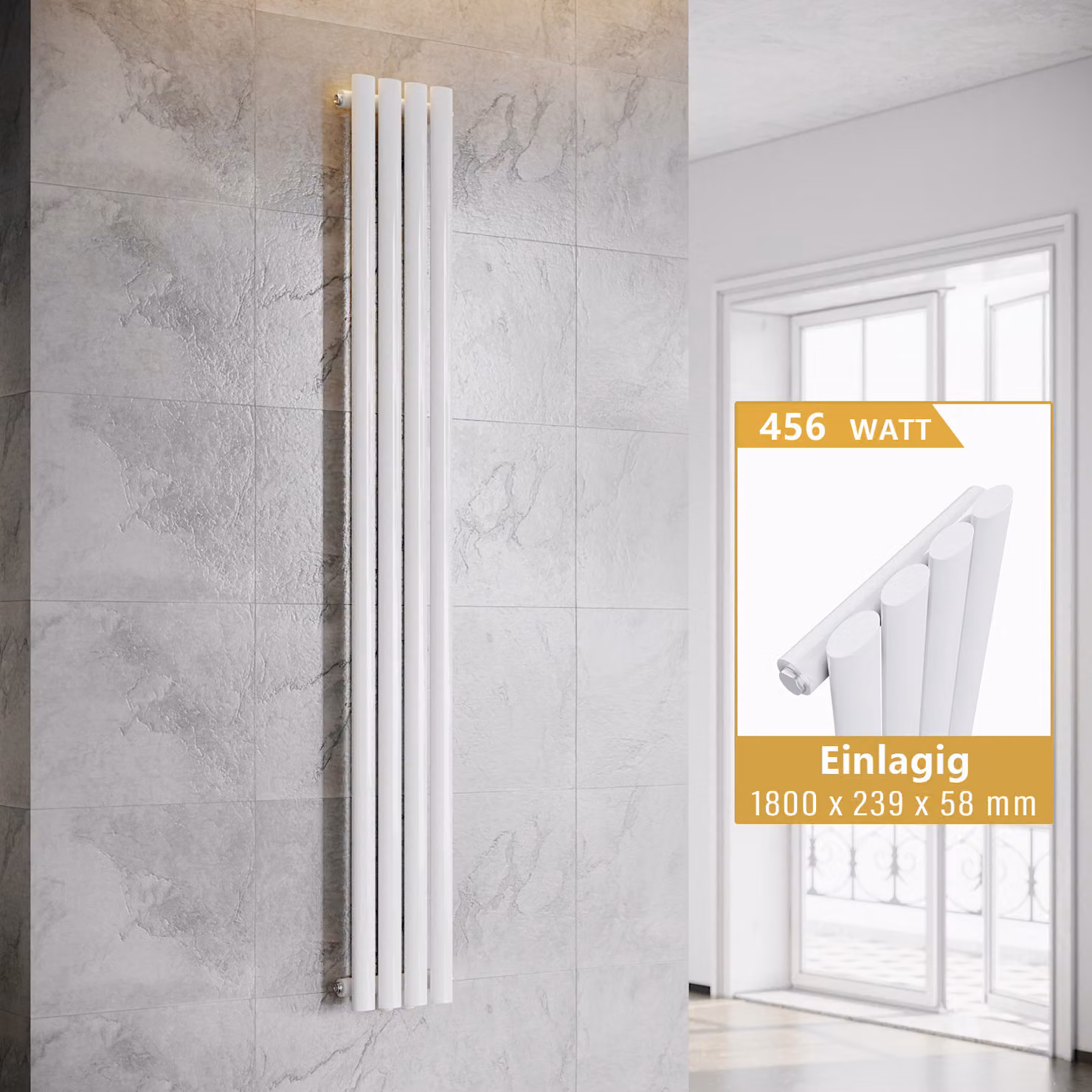SONNI - Radiatore a piastre verticali, modello a tubo, a singolo strato, colore bianco, dimensioni 1800x239 mm, senza resistenza riscaldante
