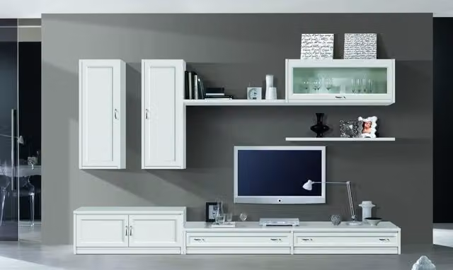 Parete attrezzata porta TV moderna Mobili 2G in legno bianco e vetro trasparente L: 315 cm, H: 220 cm