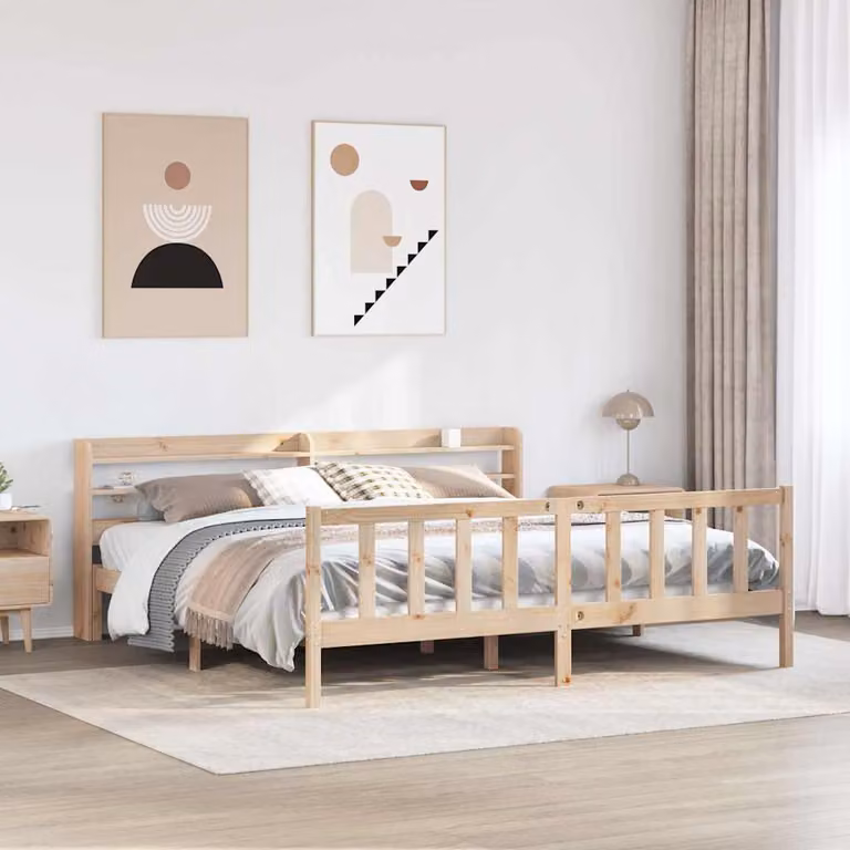 Letto in legno massello di pino rustico marrone con ripiani laterali vidaXL L/P: 200 x 180 cm