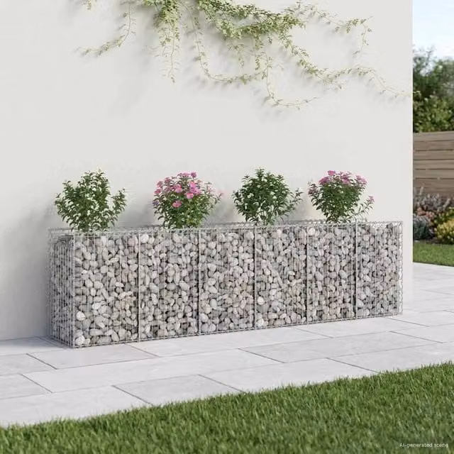 Set di 2 letti rialzati in gabbione vidaXL in acciaio zincato, colore argento, L: 300 cm, P: 50 cm, H: 80 cm
