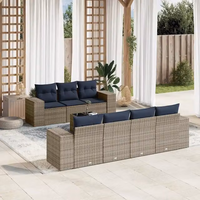 Set Divani da Giardino 8 pz con Cuscini Grigio in Polyrattan 3222330