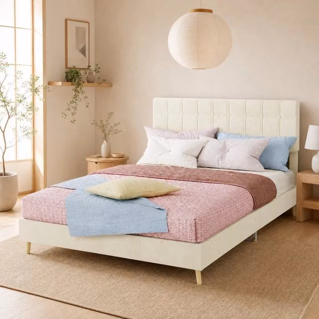 Letto matrimoniale 140x200 cm beige in velluto con testiera imbottita a quadri