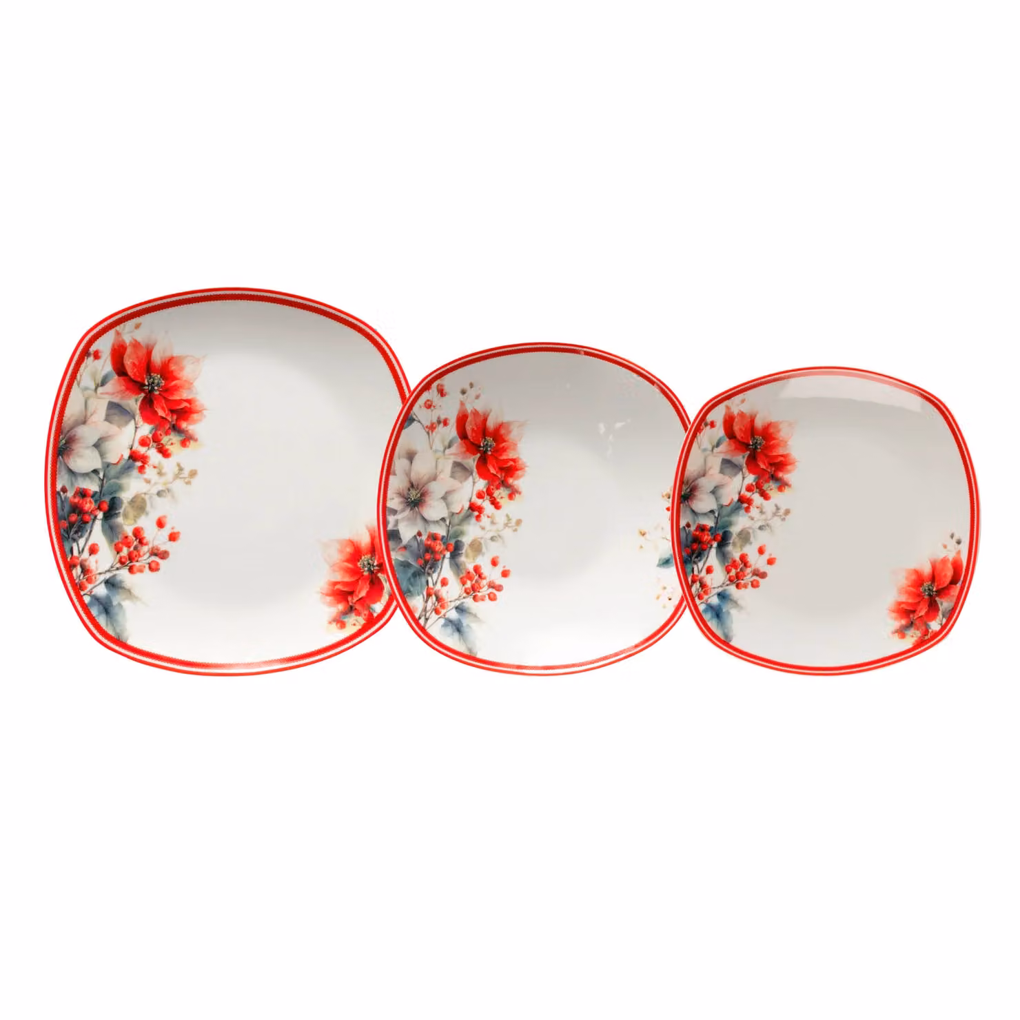 Servizio di piatti Natalizio Winter Bloom GUSTO CASA in Porcellana, 18 pezzi, decoro floreale rosso e bianco – 1