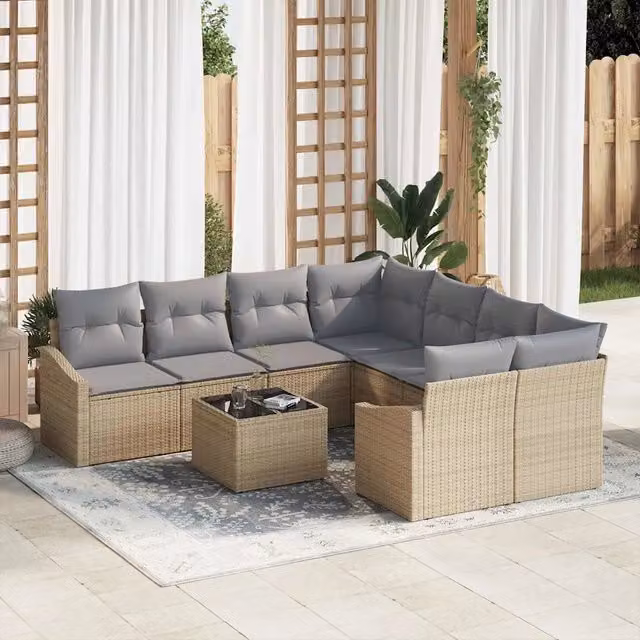 Set di divani da giardino a forma di U vidaXL in polyrattan beige e grigio con cuscini e tavolino da caffè – 1