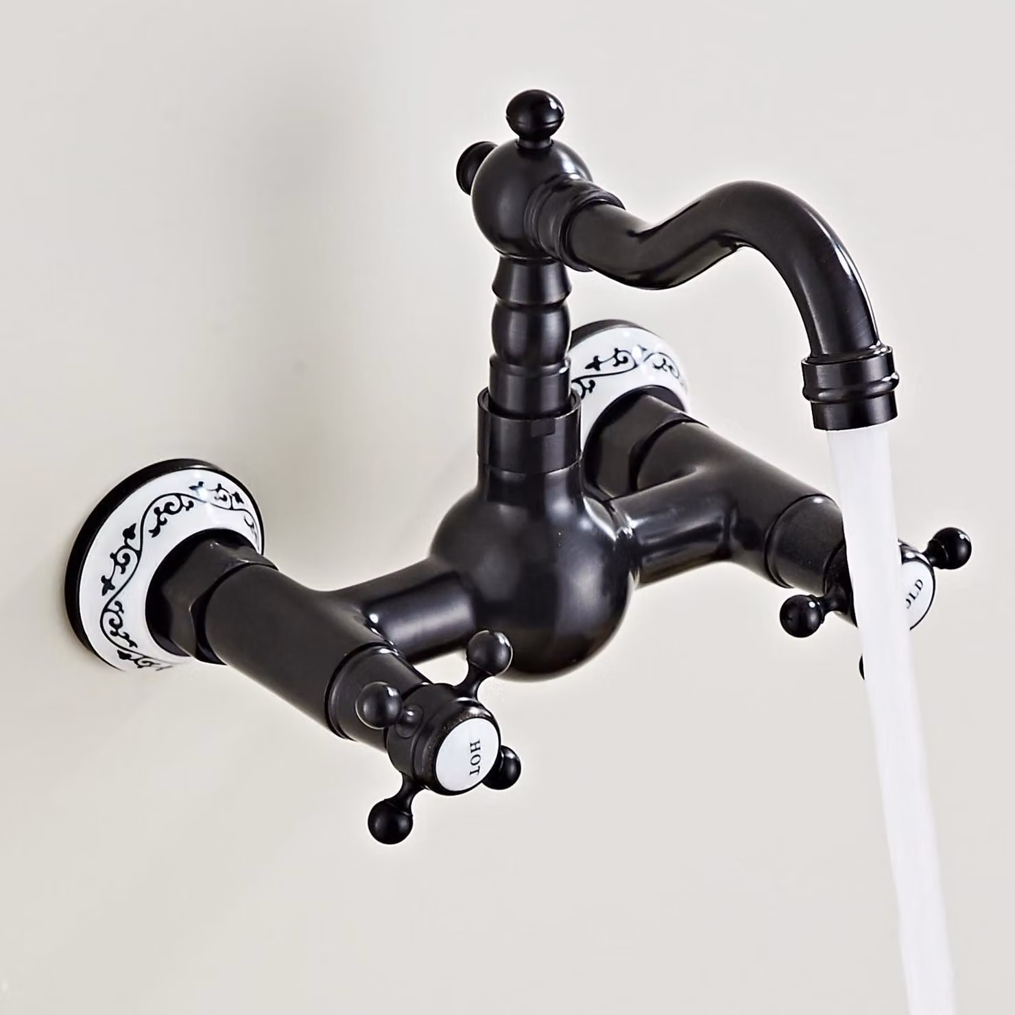 Miscelatore da cucina, montaggio a parete, 2 fori, ottone, cartuccia in Vetroceramica, beccuccio girevole, finitura bronzo nero, alto beccuccio