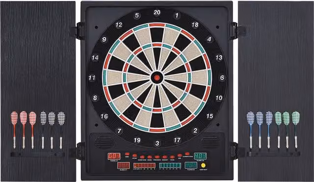 Bersaglio per freccette elettronico HOMCOM con punteggio automatico, 12 freccette incluse e 6 display, colore nero, L 51 cm x P 6,5 cm x H 57 cm